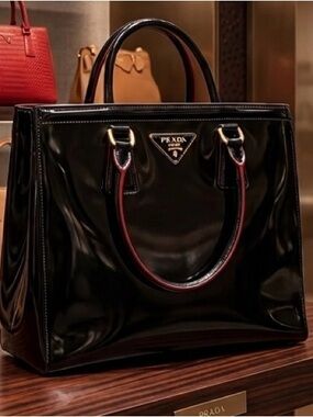 AUTHENTIC PRADA | ARCHIVAL SPAZZOLATO PATENT LEATHER TOTE NERO/ROSSO MINT